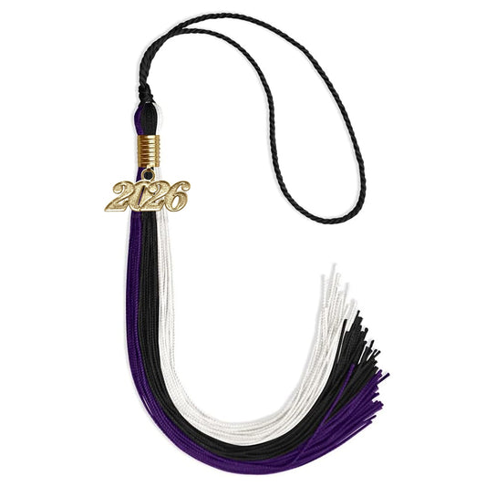 Black/Purple/White Graduation Tassel with Gold Bling Charm by Wholesale Grad Supply
