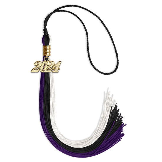 Black/Purple/White Graduation Tassel with Gold Bling Charm by Wholesale Grad Supply