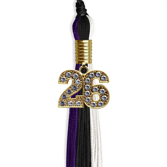 Black/Purple/White Graduation Tassel with Gold Bling Charm by Wholesale Grad Supply