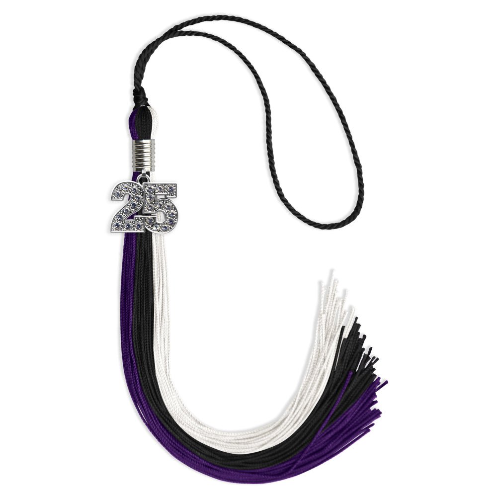Black/Purple/White Graduation Tassel with Silver Bling Charm by Wholesale Grad Supply