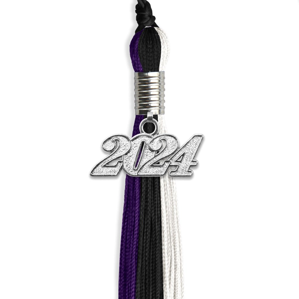 Black/Purple/White Graduation Tassel with Silver Bling Charm by Wholesale Grad Supply