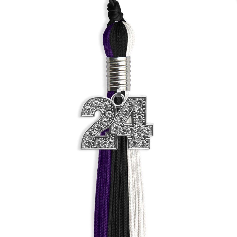Black/Purple/White Graduation Tassel with Silver Bling Charm by Wholesale Grad Supply