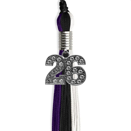 Black/Purple/White Graduation Tassel with Silver Bling Charm by Wholesale Grad Supply