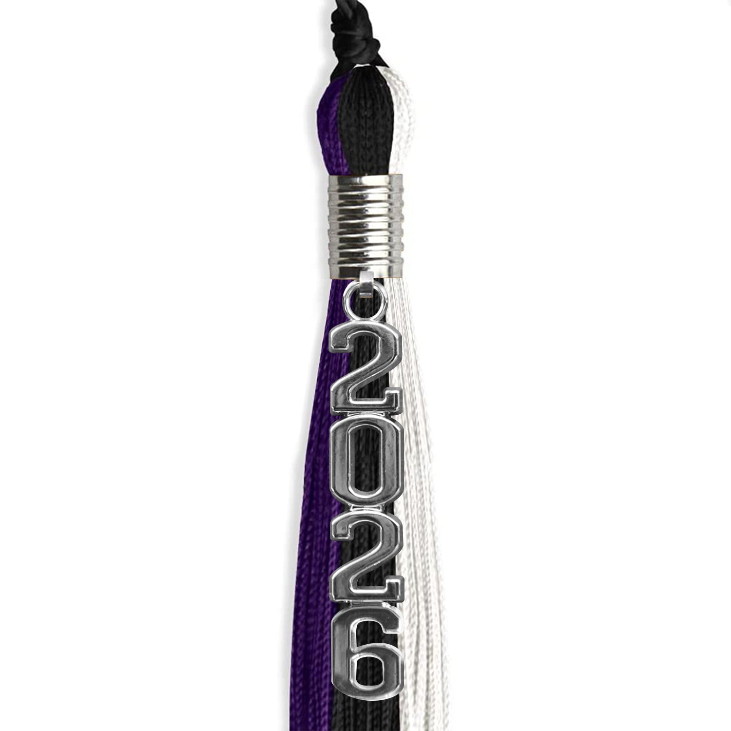 Black/Purple/White Graduation Tassel with Silver Stacked Date Drop by Wholesale Grad Supply