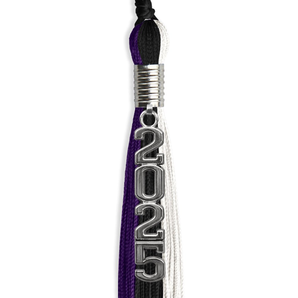 Black/Purple/White Graduation Tassel with Silver Stacked Date Drop by Wholesale Grad Supply
