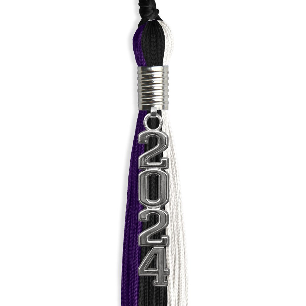 Black/Purple/White Graduation Tassel with Silver Stacked Date Drop by Wholesale Grad Supply