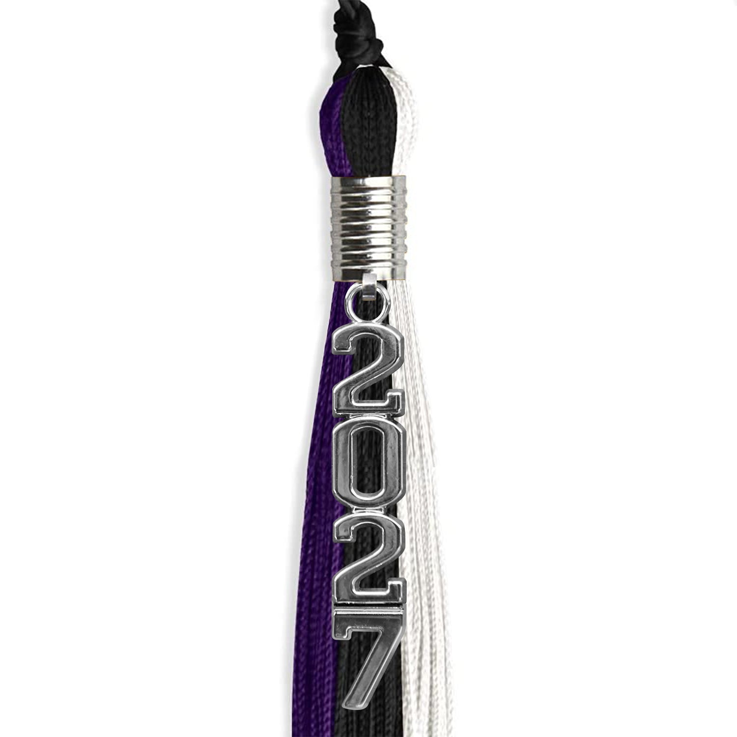 Black/Purple/White Graduation Tassel with Silver Stacked Date Drop by Wholesale Grad Supply