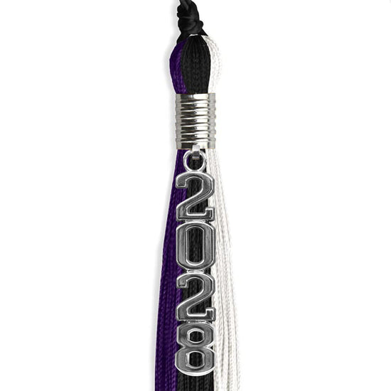 Black/Purple/White Graduation Tassel with Silver Stacked Date Drop by Wholesale Grad Supply