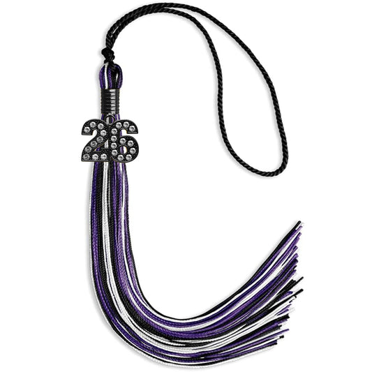 Black/Purple/White Mixed Color Graduation Tassel with Black Bling Charm by Wholesale Grad Supply