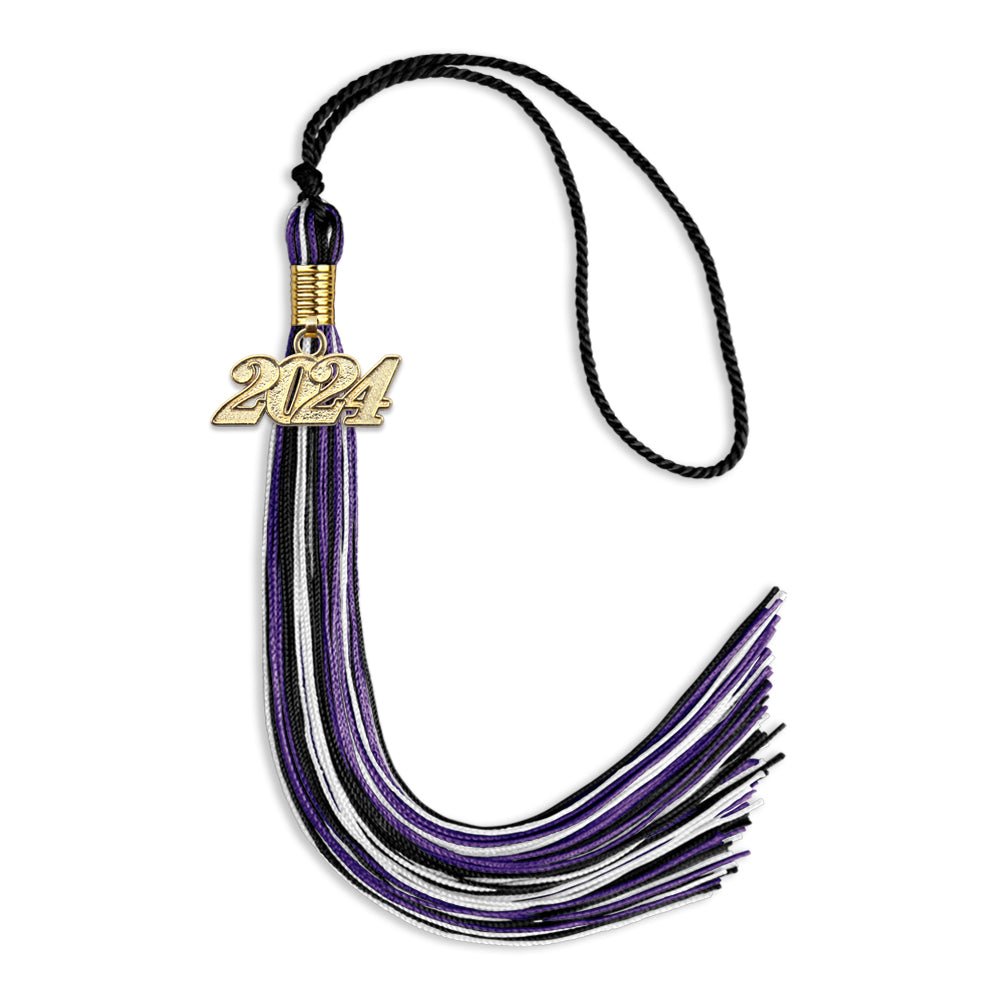 Black/Purple/White Mixed Color Graduation Tassel with Gold Bling Charm by Wholesale Grad Supply