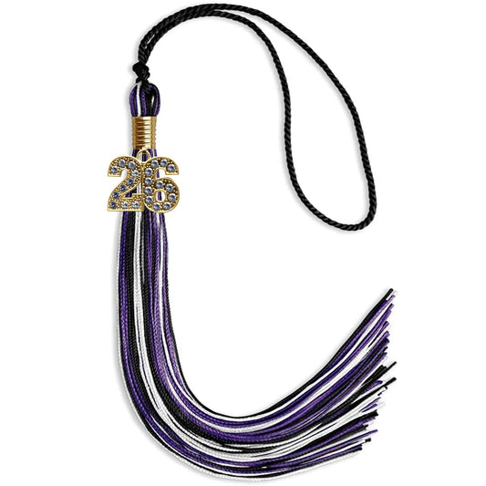 Black/Purple/White Mixed Color Graduation Tassel with Gold Bling Charm by Wholesale Grad Supply