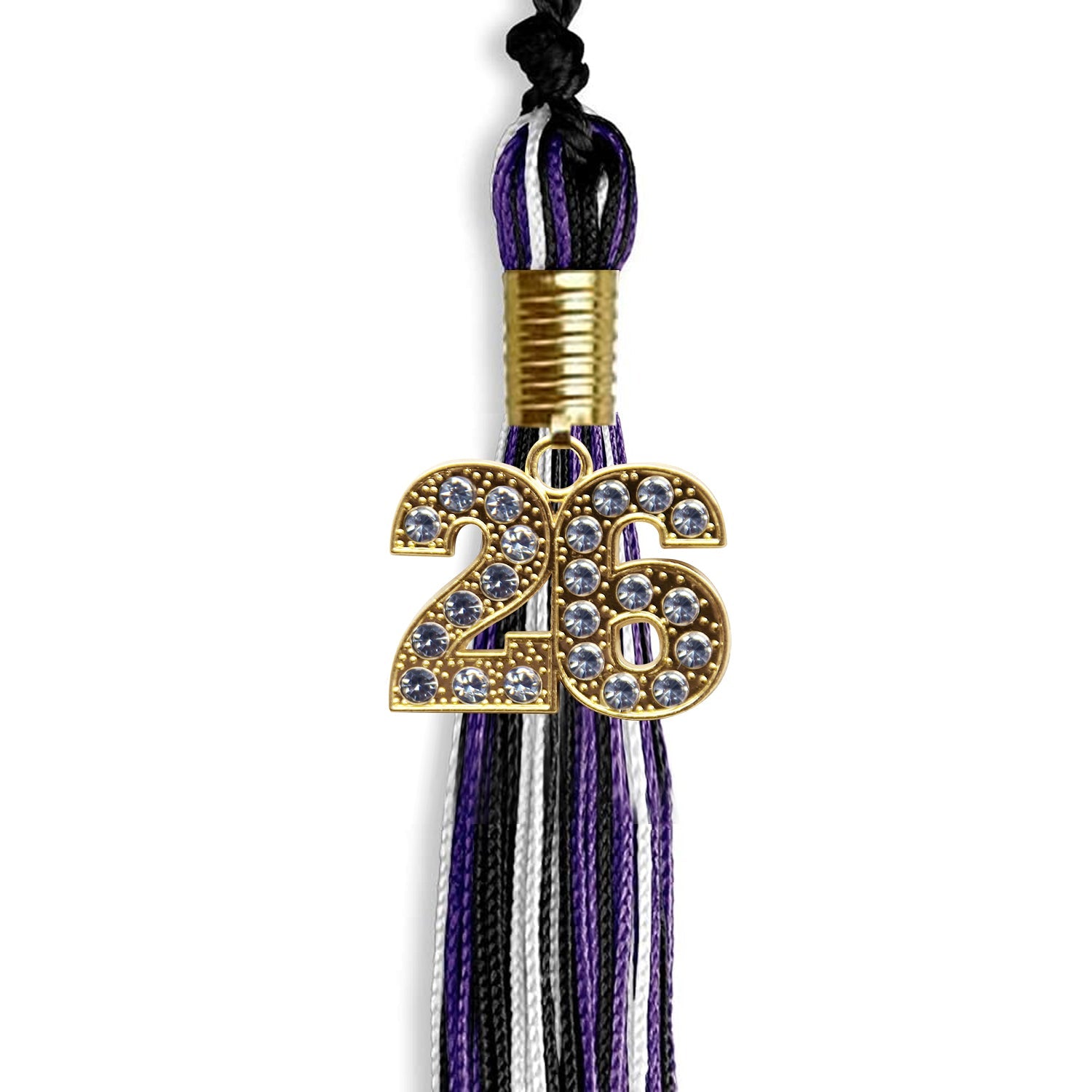 Black/Purple/White Mixed Color Graduation Tassel with Gold Bling Charm by Wholesale Grad Supply