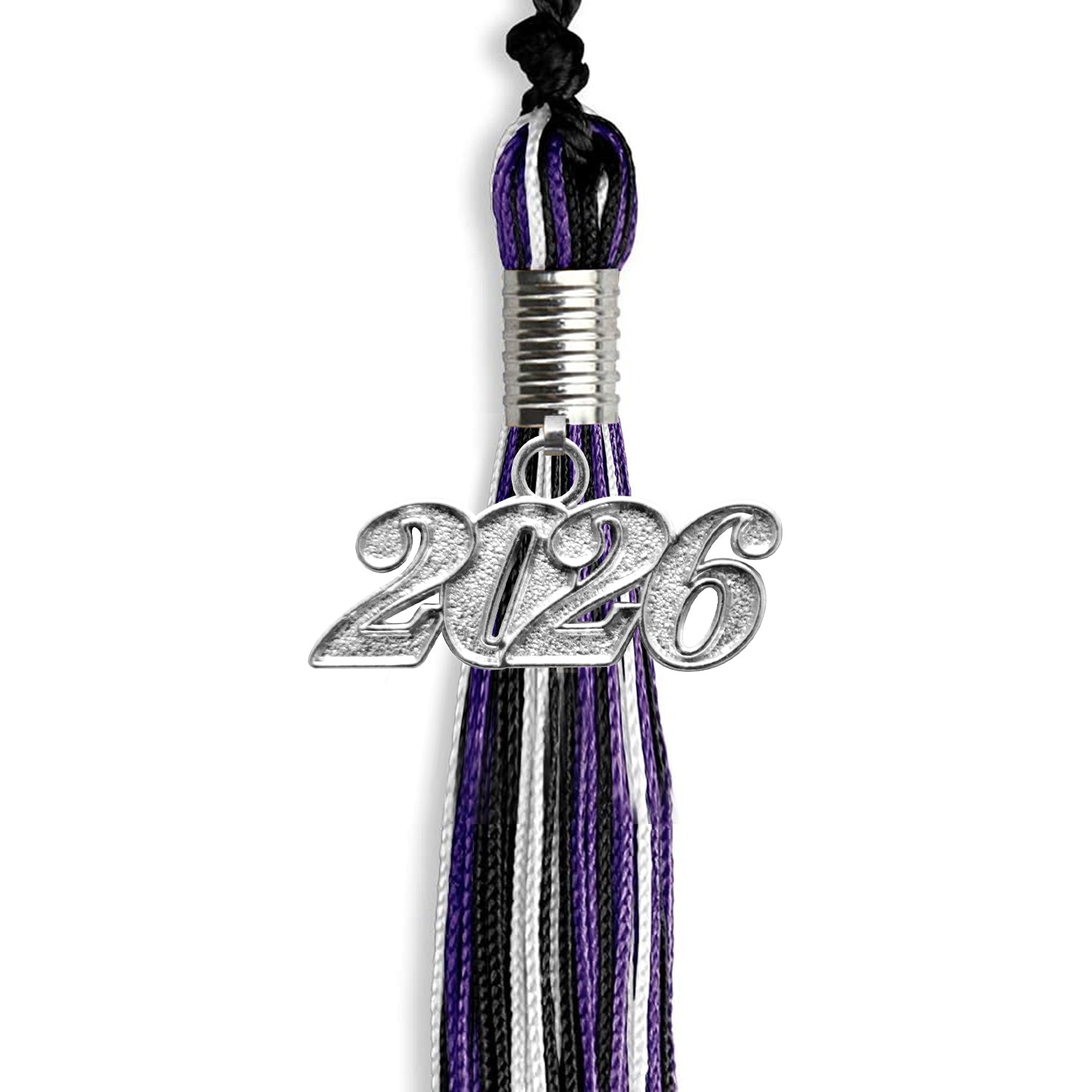 Black/Purple/White Mixed Color Graduation Tassel with Silver Bling Charm by Wholesale Grad Supply