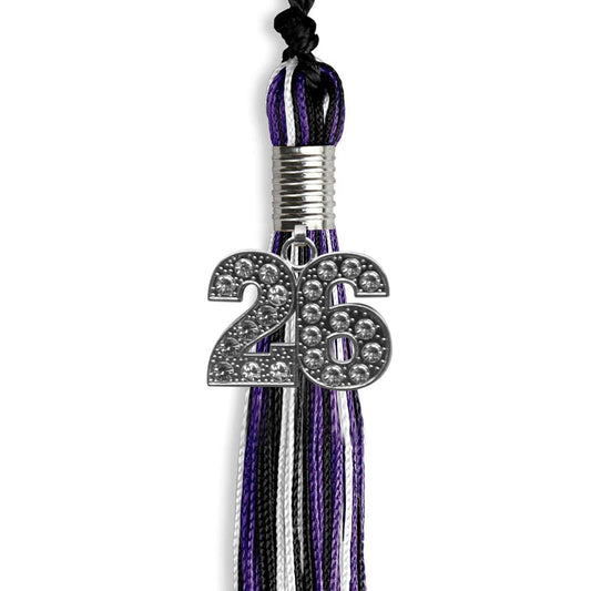 Black/Purple/White Mixed Color Graduation Tassel with Silver Bling Charm by Wholesale Grad Supply
