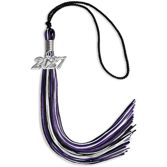 Black/Purple/White Mixed Color Graduation Tassel with Silver Bling Charm by Wholesale Grad Supply