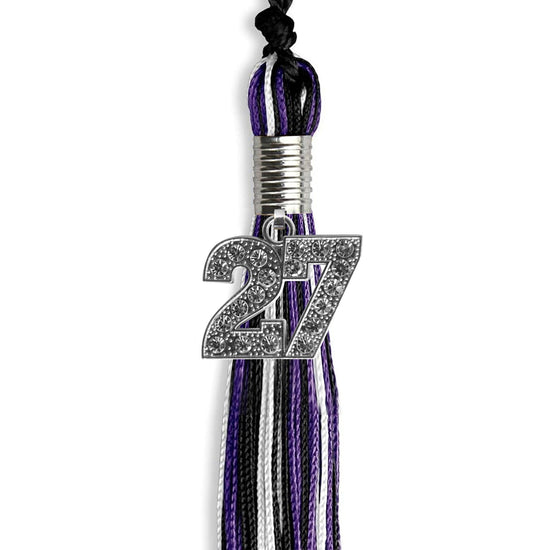 Black/Purple/White Mixed Color Graduation Tassel with Silver Bling Charm by Wholesale Grad Supply
