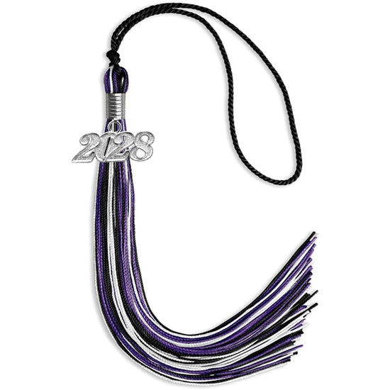 Black/Purple/White Mixed Color Graduation Tassel with Silver Bling Charm by Wholesale Grad Supply