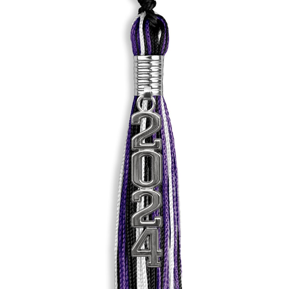 Black/Purple/White Mixed Color Graduation Tassel with Silver Stacked Date Drop by Wholesale Grad Supply