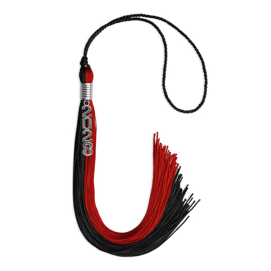 Black/Red Graduation Tassel with Silver Stacked Date Drop by Wholesale Grad Supply