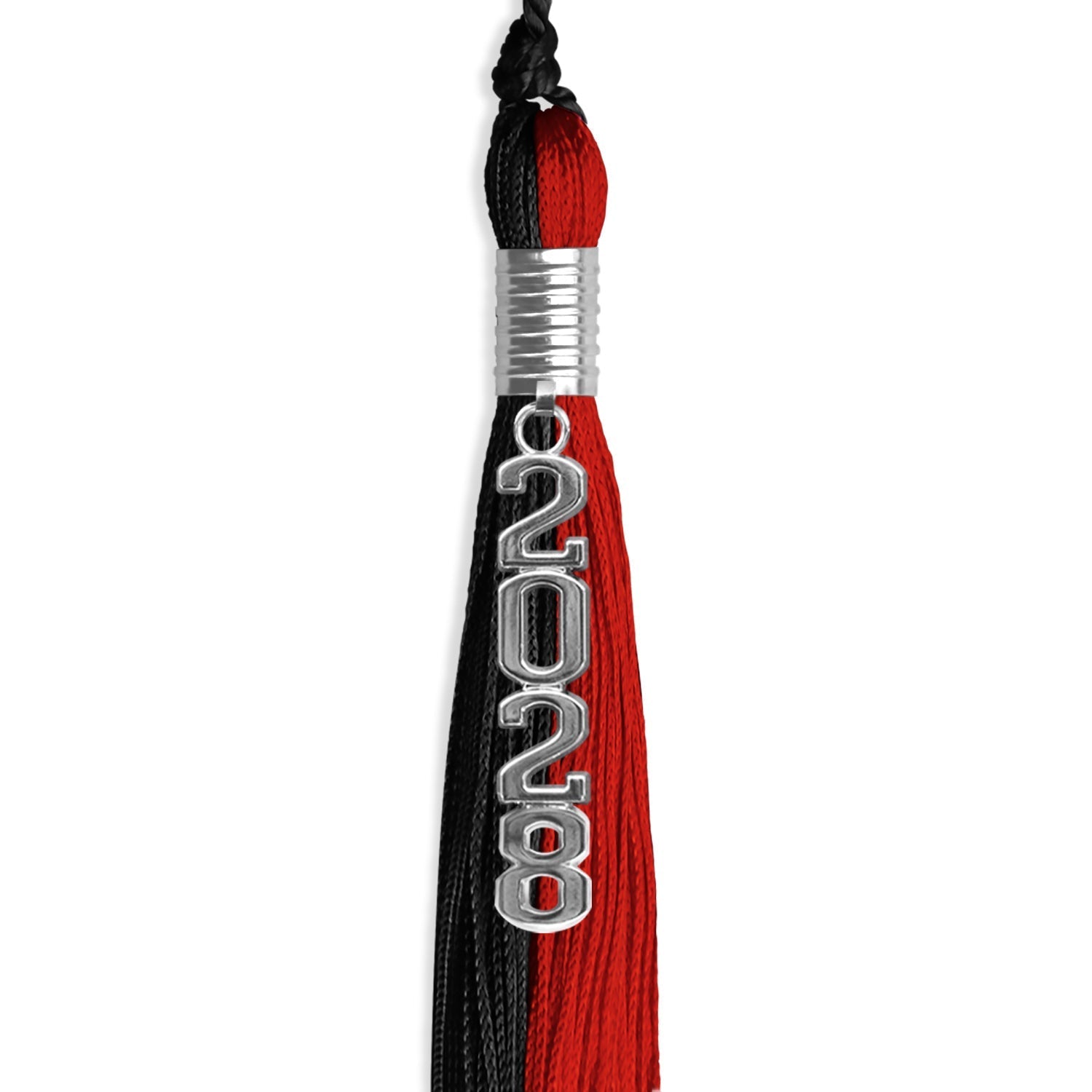 Black/Red Graduation Tassel with Silver Stacked Date Drop by Wholesale Grad Supply