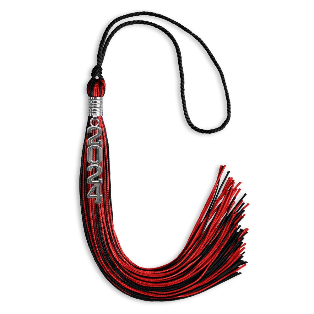 Black/Red Mixed Color Graduation Tassel with Stacked Silver Date Drop by Wholesale Grad Supply