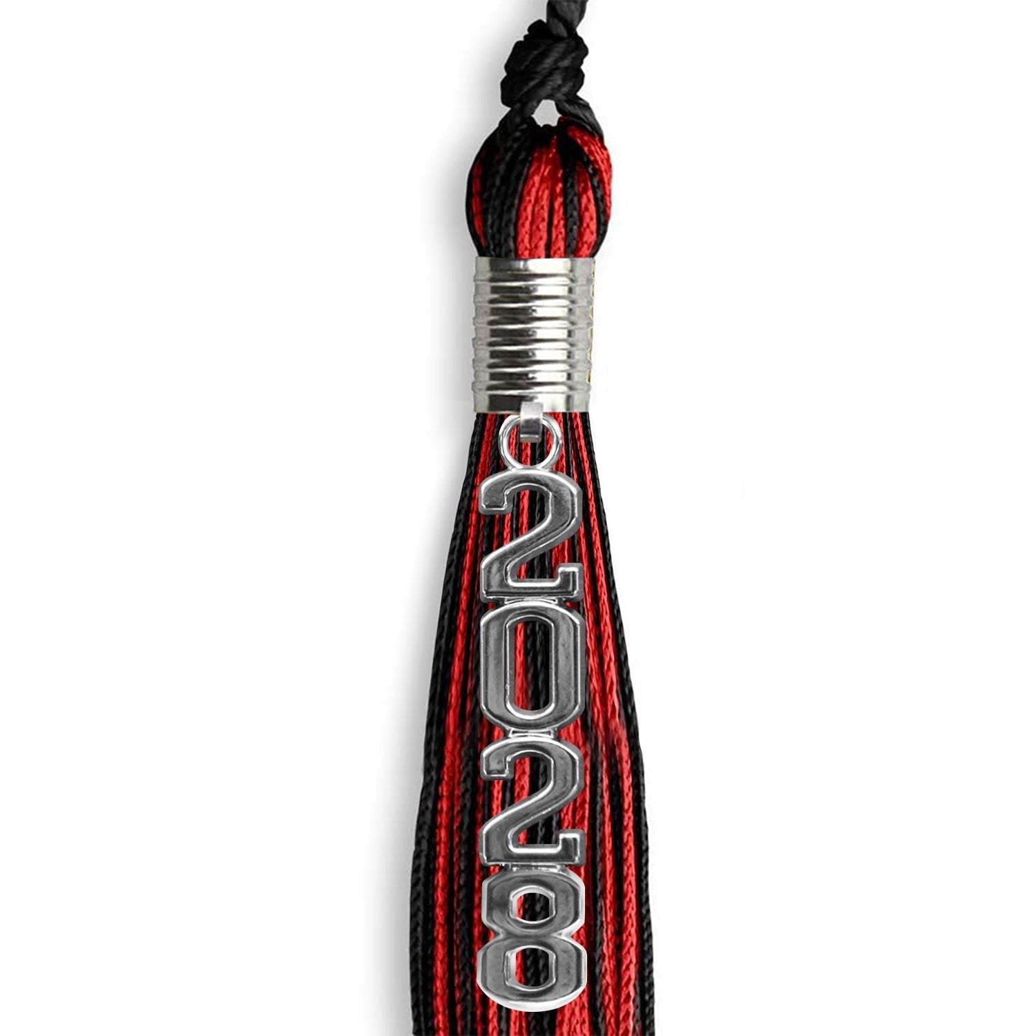 Black/Red Mixed Color Graduation Tassel with Stacked Silver Date Drop by Wholesale Grad Supply