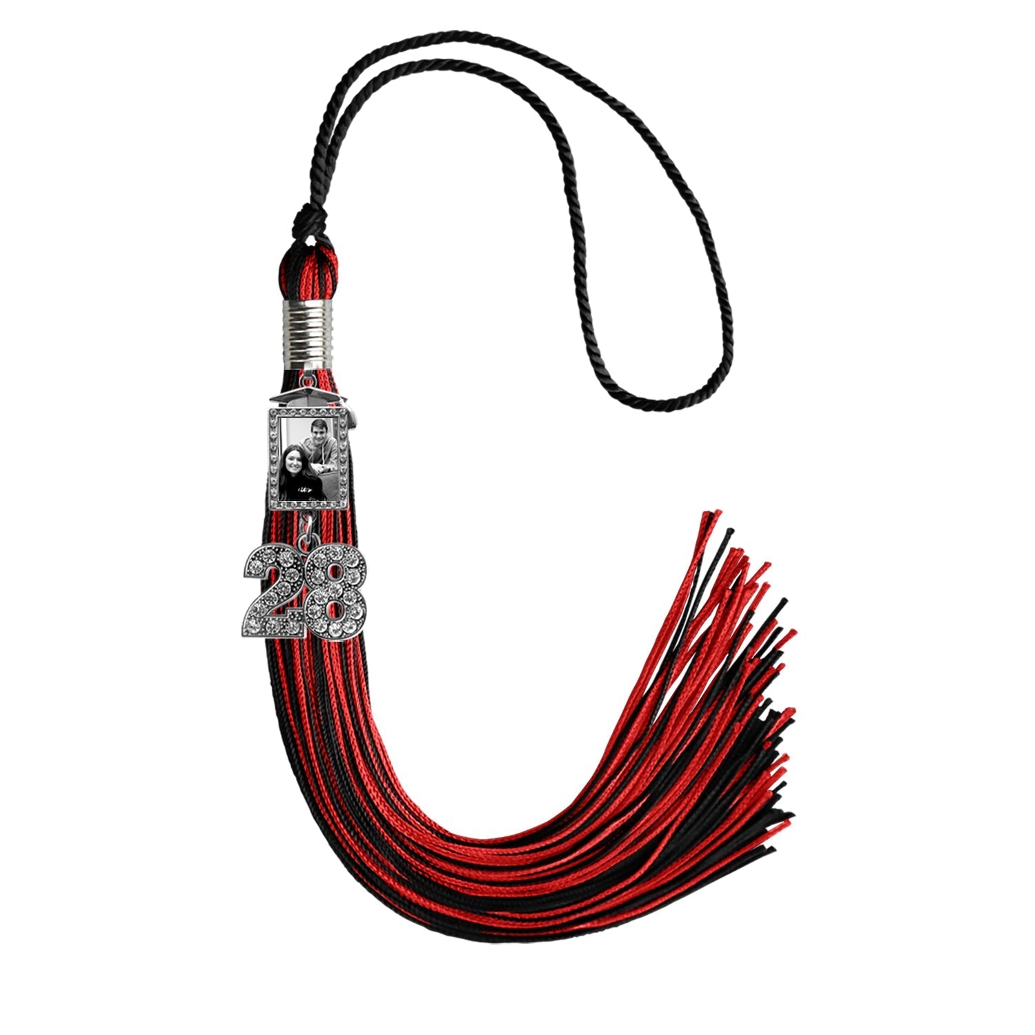 Black/Red Tassel with Photo Frame Charm and Bling Charm by Wholesale Grad Supply