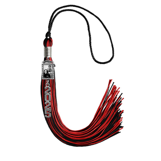 Black/Red Tassel with Photo Frame Charm and Stacked Date Drop by Wholesale Grad Supply