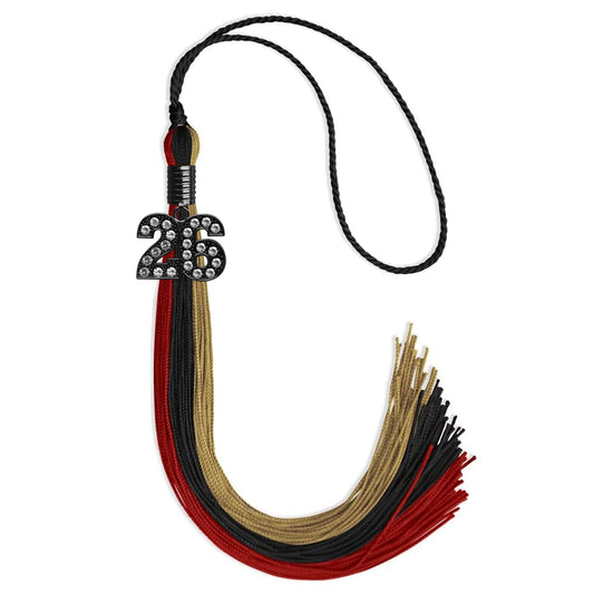 Black/Red/Antique Gold Graduation Tassel with Black Bling Charm by Wholesale Grad Supply