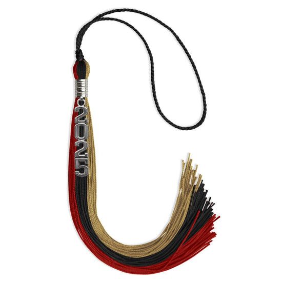 Black/Red/Antique Gold Graduation Tassel with Silver Stacked Date Drop by Wholesale Grad Supply