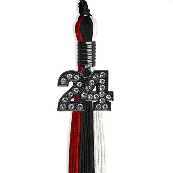 Black/Red/White Graduation Tassel with Black Bling Charm by Wholesale Grad Supply