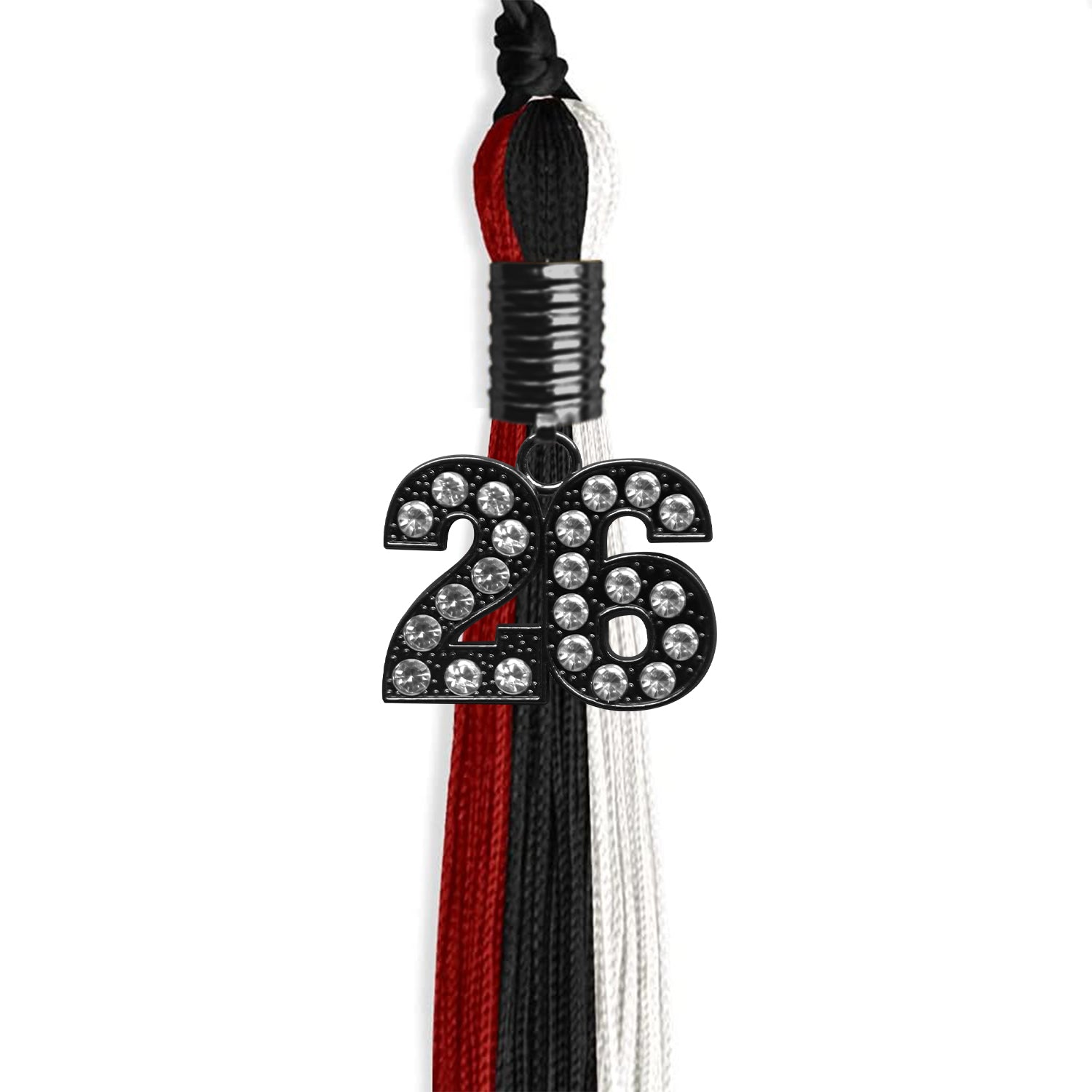 Black/Red/White Graduation Tassel with Black Bling Charm by Wholesale Grad Supply