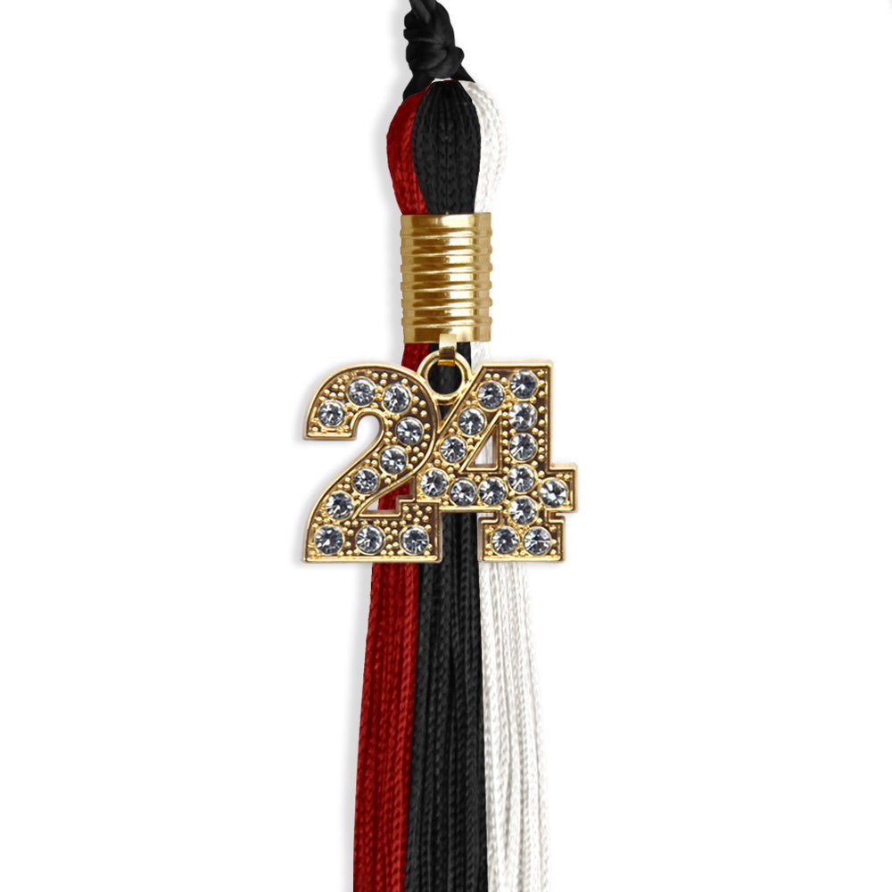 Black/Red/White Graduation Tassel with Gold Bling Charm by Wholesale Grad Supply