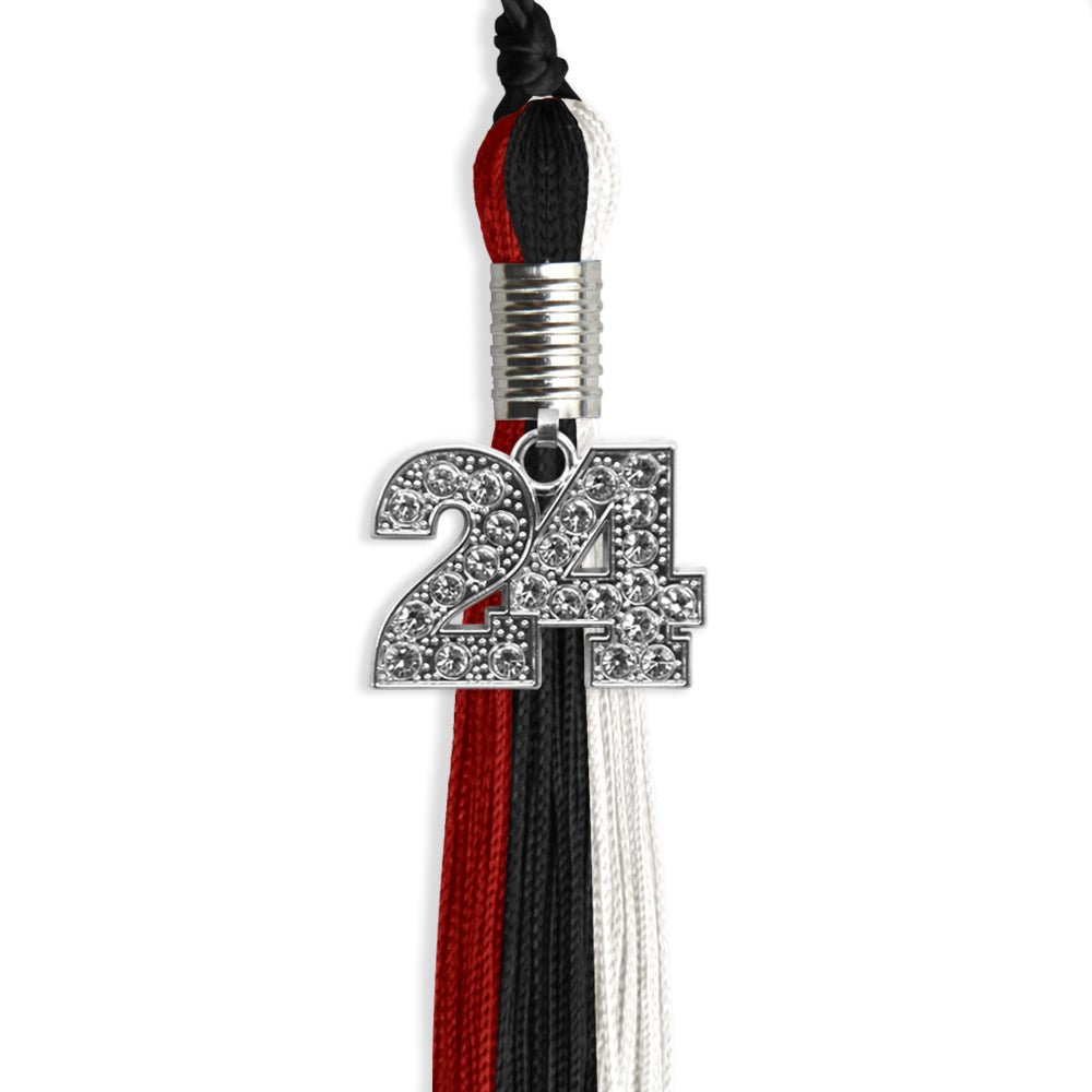 Black/Red/White Graduation Tassel with Silver Bling Charm by Wholesale Grad Supply