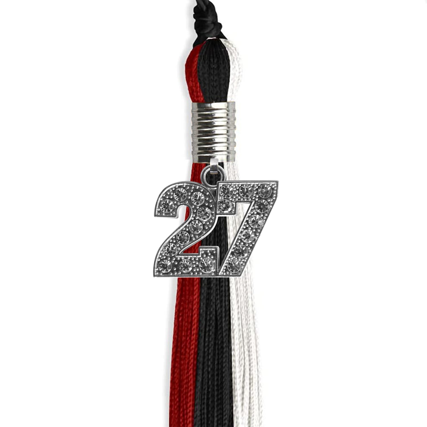 Black/Red/White Graduation Tassel with Silver Bling Charm by Wholesale Grad Supply