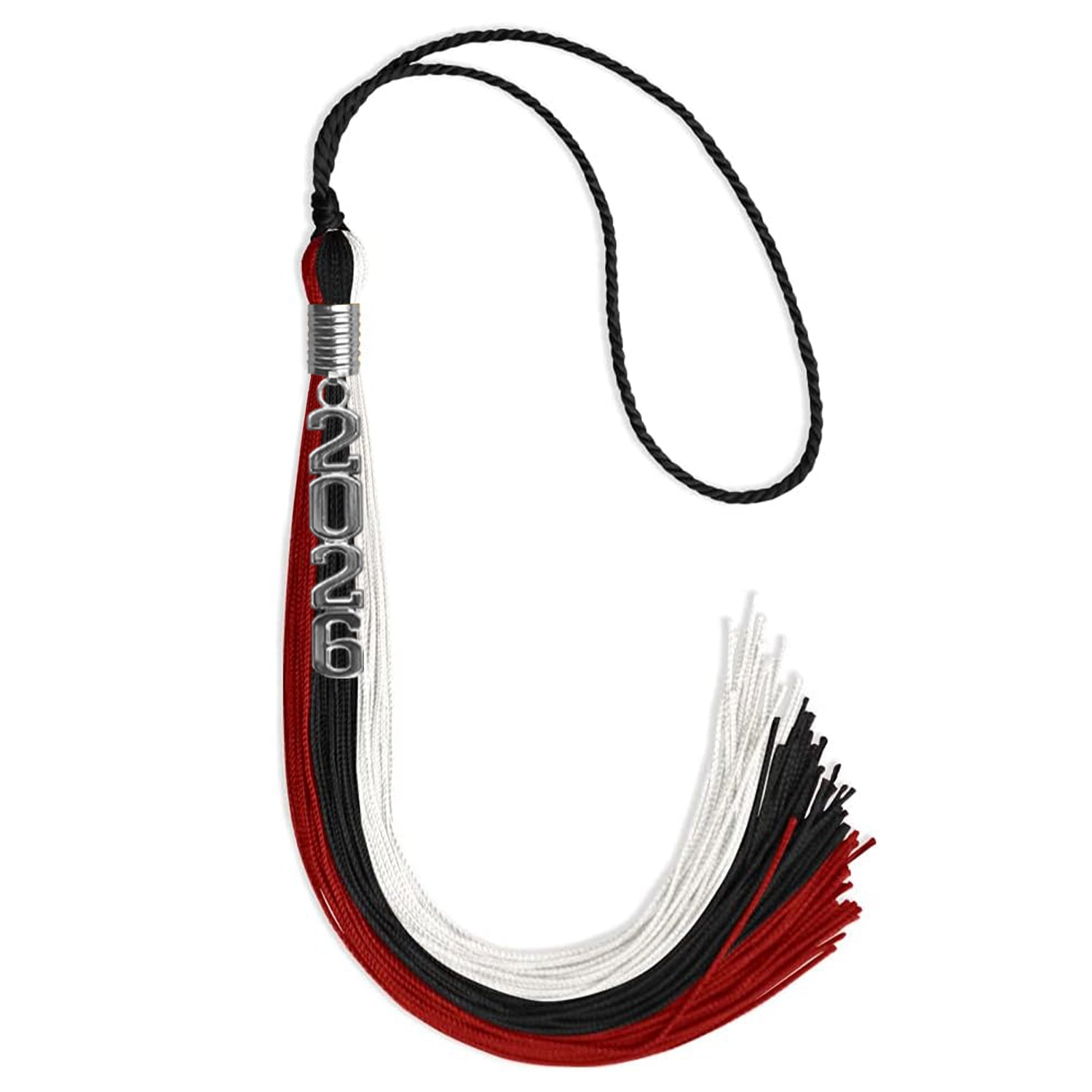 Black/Red/White Graduation Tassel with Silver Stacked Date Drop by Wholesale Grad Supply