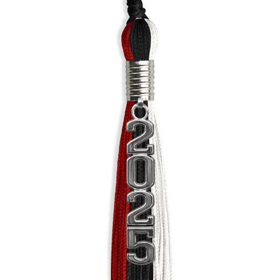 Black/Red/White Graduation Tassel with Silver Stacked Date Drop by Wholesale Grad Supply