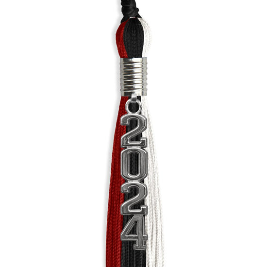 Black/Red/White Graduation Tassel with Silver Stacked Date Drop by Wholesale Grad Supply