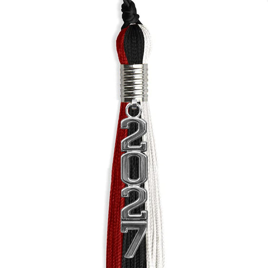 Black/Red/White Graduation Tassel with Silver Stacked Date Drop by Wholesale Grad Supply