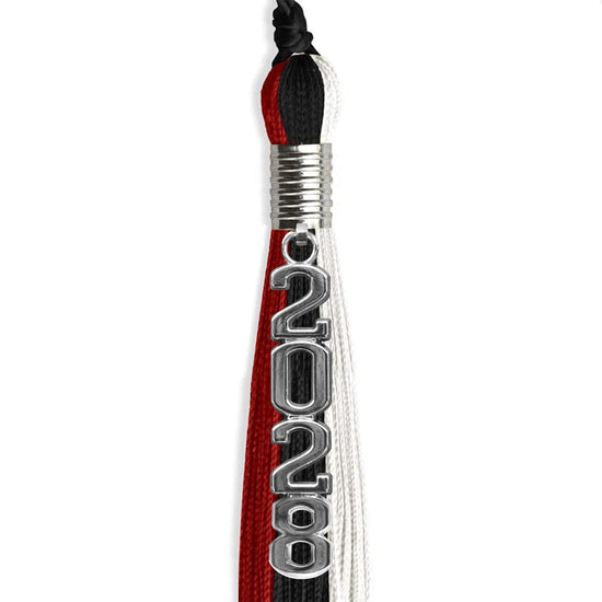 Black/Red/White Graduation Tassel with Silver Stacked Date Drop by Wholesale Grad Supply
