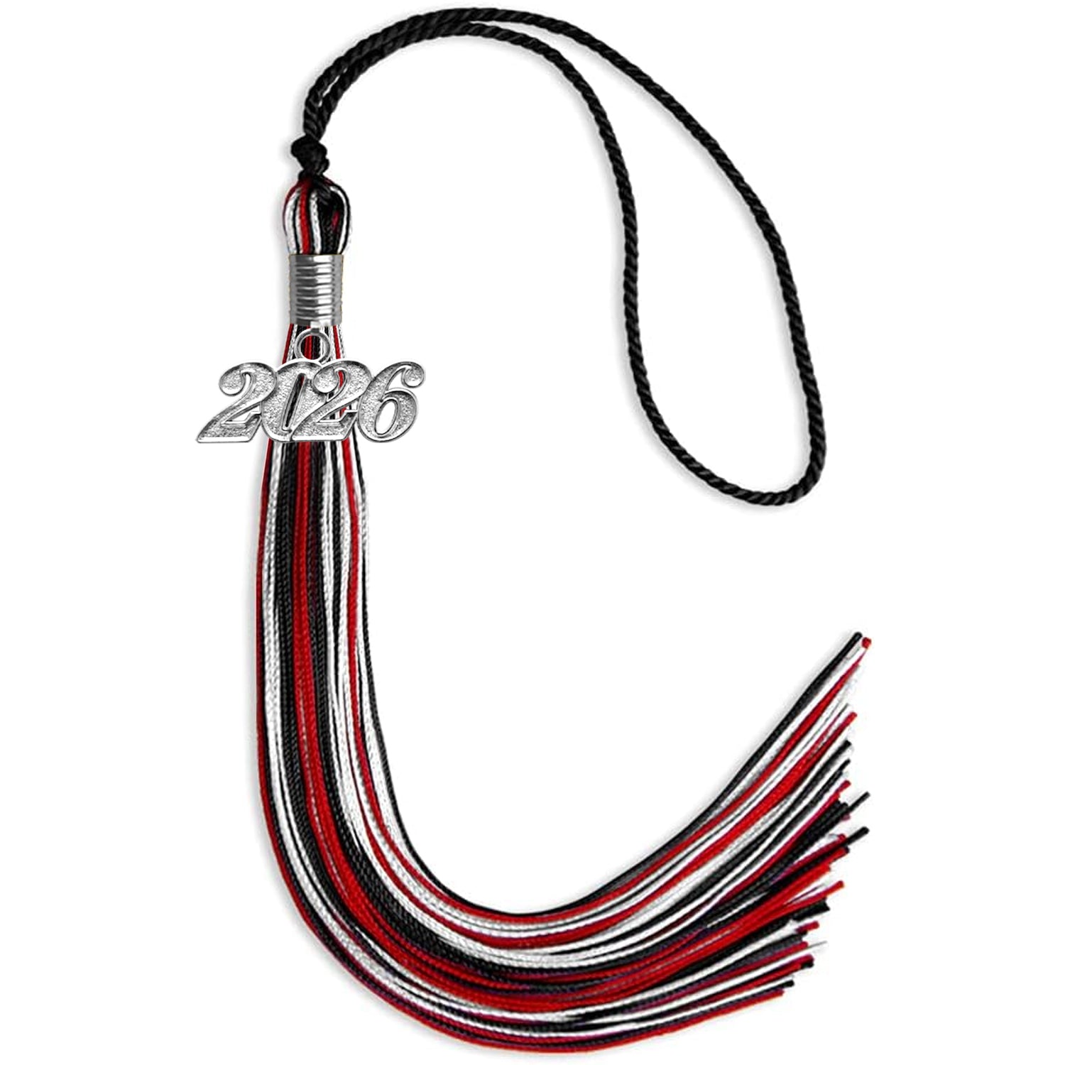 Black/Red/White Mixed Color Graduation Tassel with Silver Bling Charm by Wholesale Grad Supply