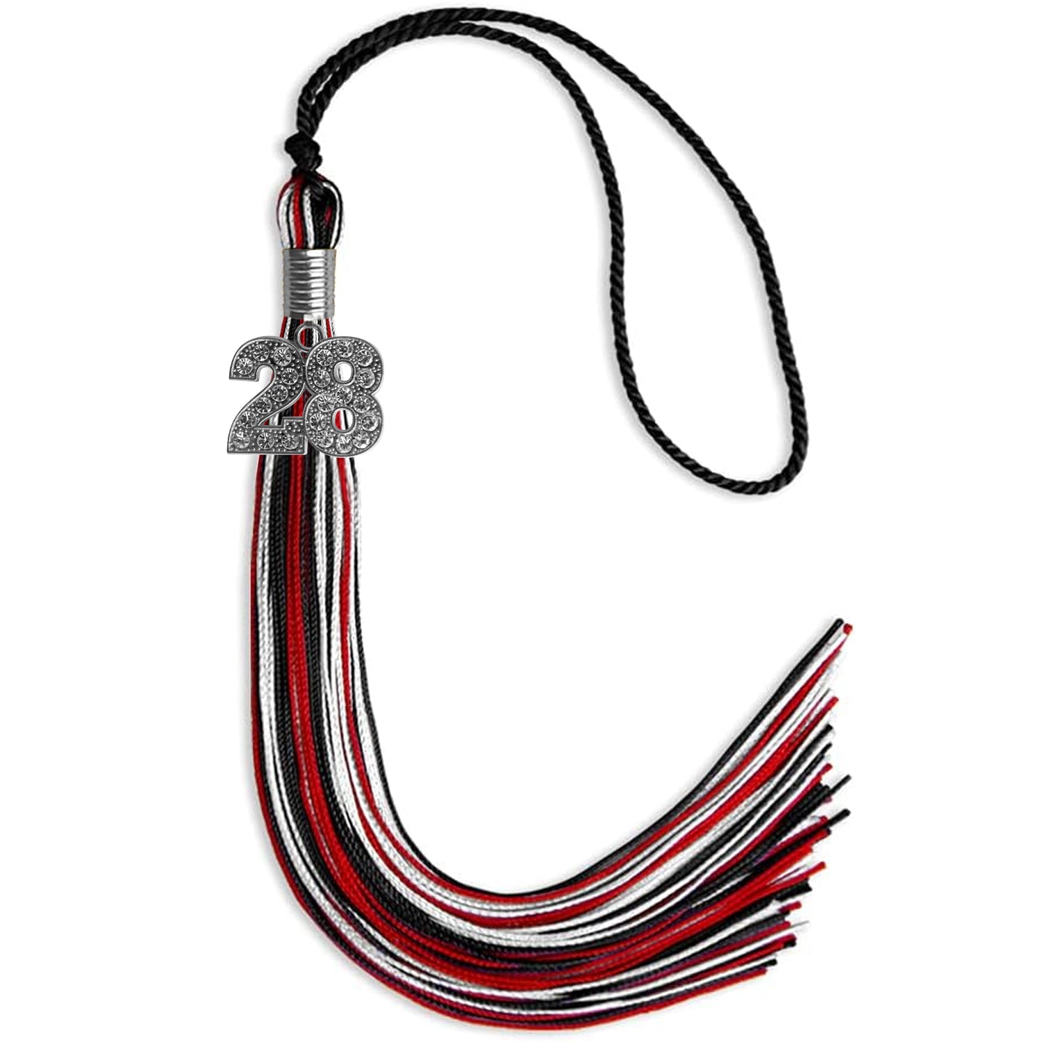 Black/Red/White Mixed Color Graduation Tassel with Silver Bling Charm by Wholesale Grad Supply