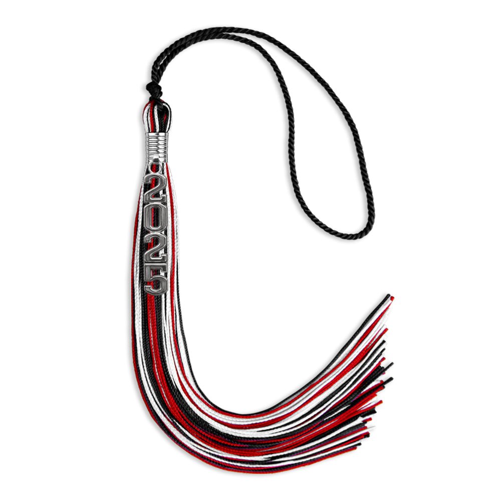 Black/Red/White Mixed Color Graduation Tassel with Silver Stacked Date Drop by Wholesale Grad Supply