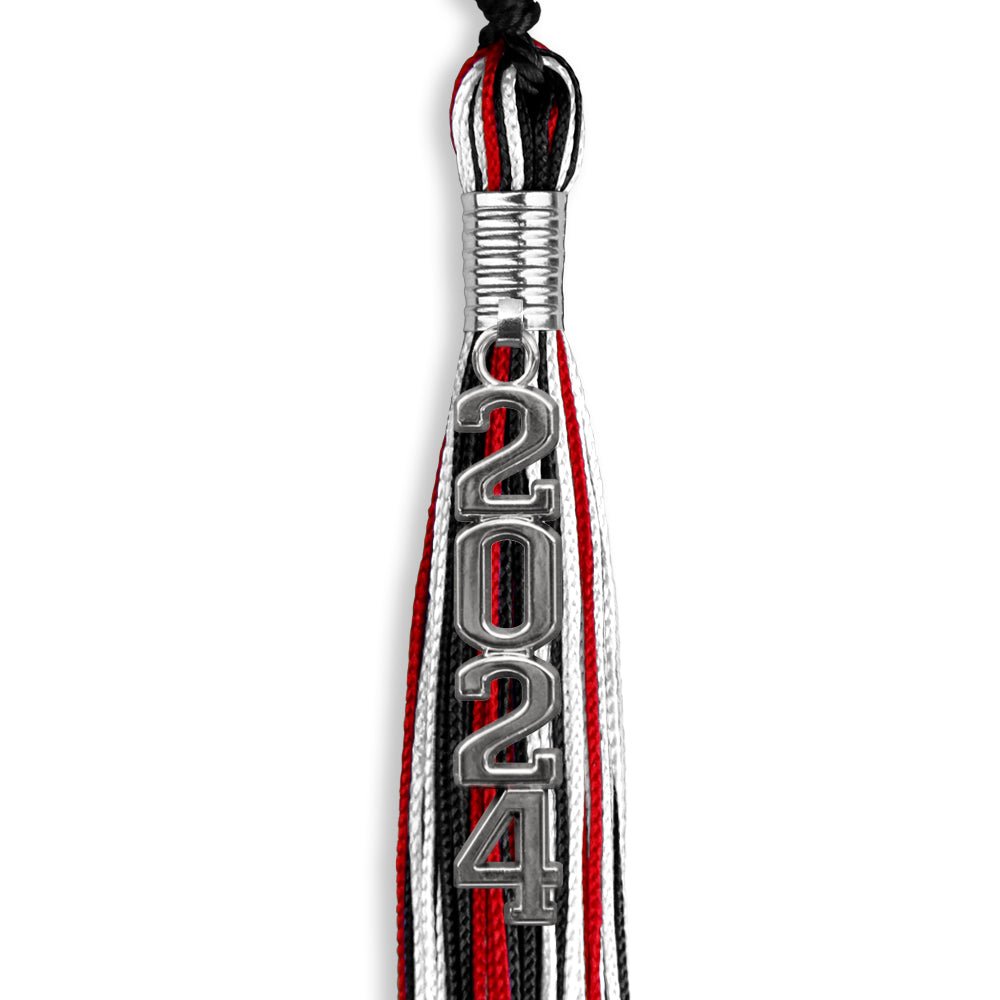 Black/Red/White Mixed Color Graduation Tassel with Silver Stacked Date Drop by Wholesale Grad Supply