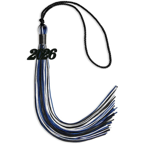 Black/Royal Blue/White Mixed Color Graduation Tassel with Black Bling Charm by Wholesale Grad Supply