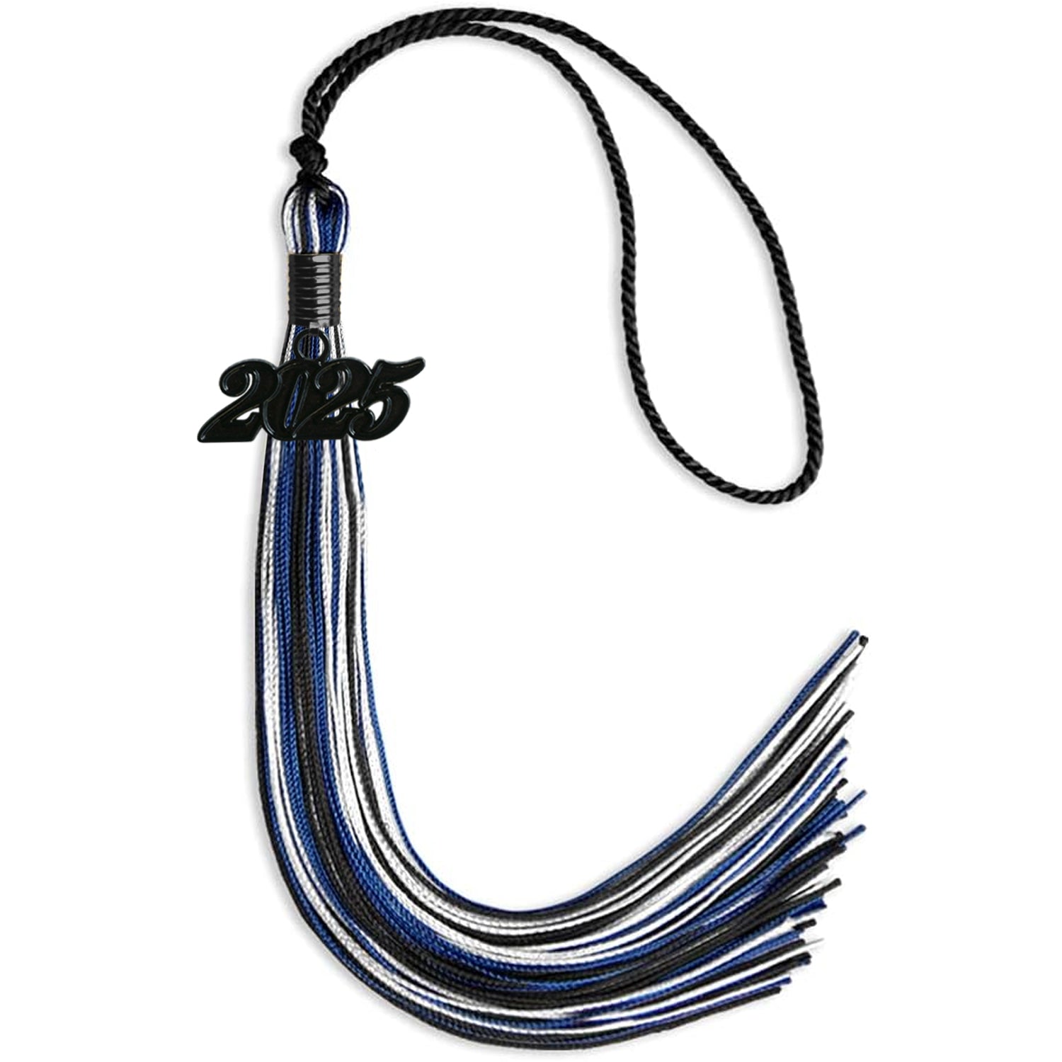 Black/Royal Blue/White Mixed Color Graduation Tassel with Black Bling Charm by Wholesale Grad Supply