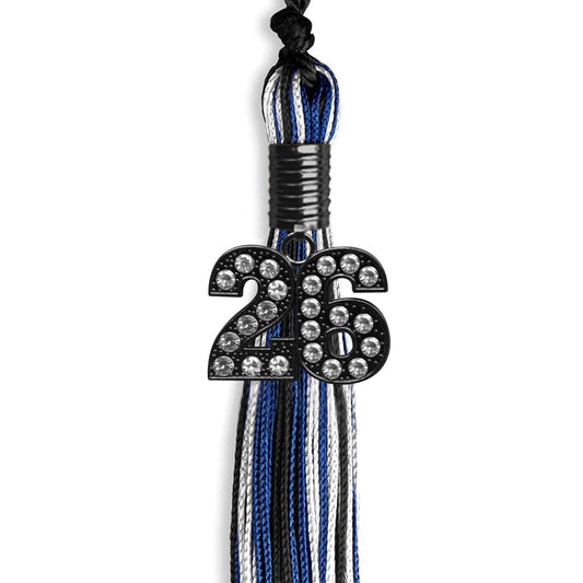 Black/Royal Blue/White Mixed Color Graduation Tassel with Black Bling Charm by Wholesale Grad Supply