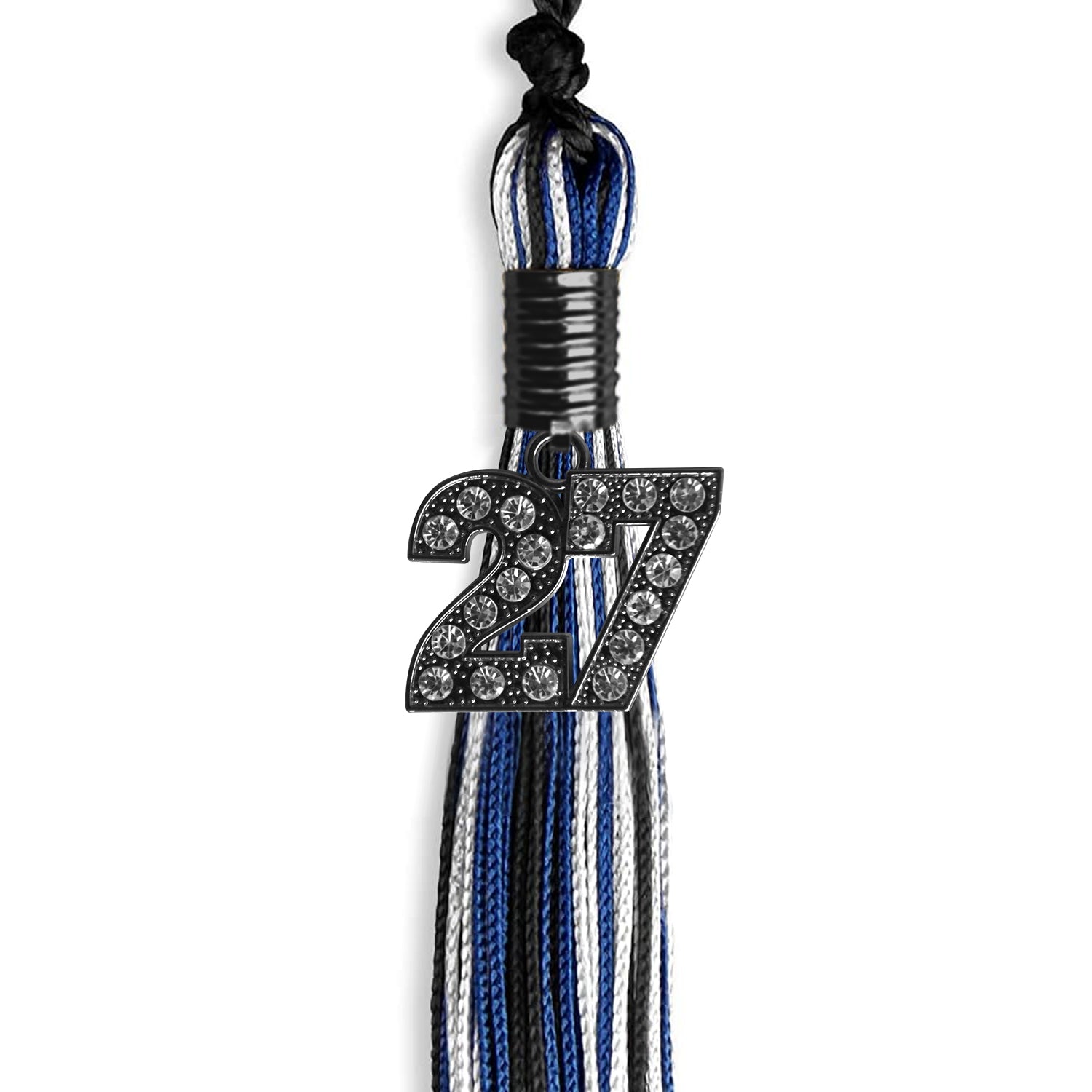 Black/Royal Blue/White Mixed Color Graduation Tassel with Black Bling Charm by Wholesale Grad Supply
