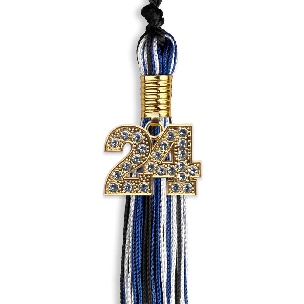Black/Royal Blue/White Mixed Color Graduation Tassel with Gold Bling Charm by Wholesale Grad Supply