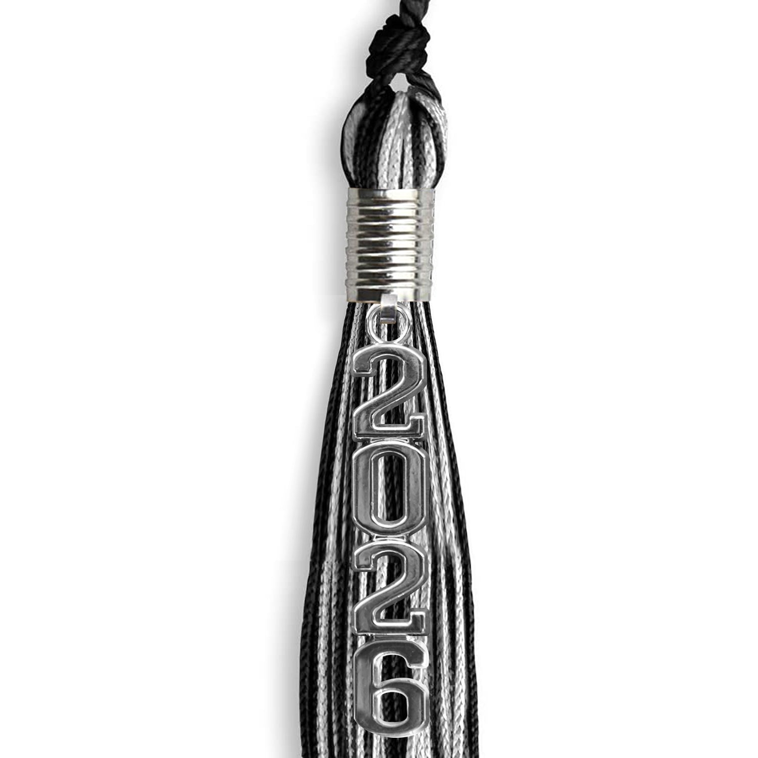 Black/Silver Mixed Color Graduation Tassel with Stacked Silver Date Drop by Wholesale Grad Supply